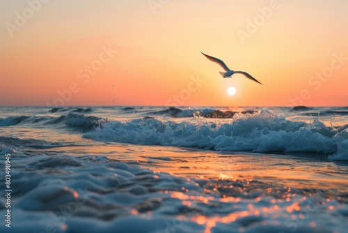 A seagull soars above the waves at sunset  symbolizing freedom and the beauty of nature