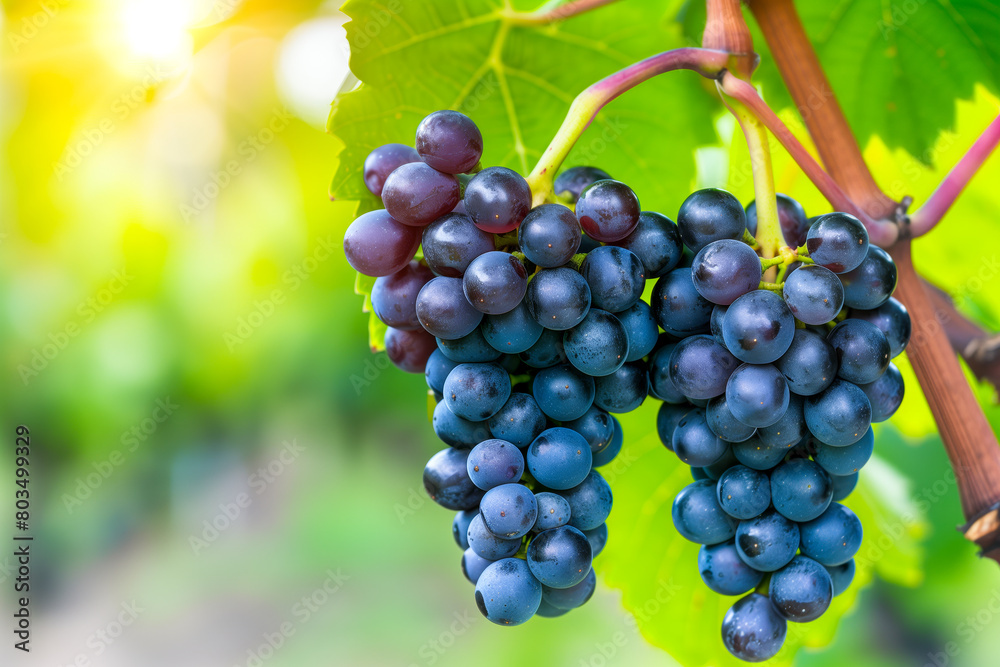 Red wine grapes on vine in summer vineyard on blurred vineyard background, close up with copy space. Red wine grapes on vine in summer vineyard on blurred vineyard background, close up with copy space.