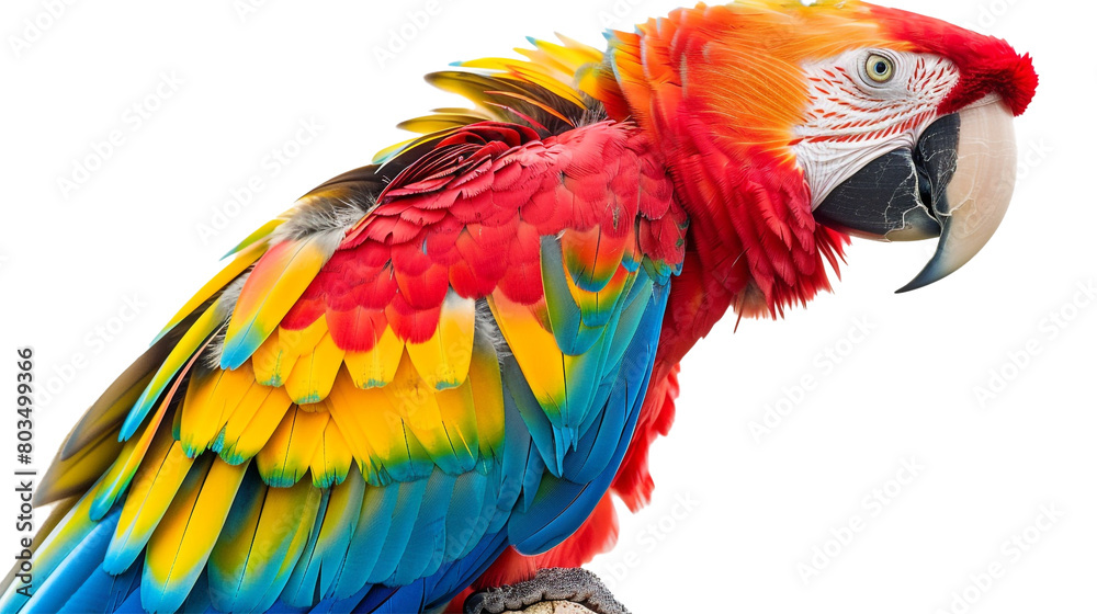 A colorful parrot with feathers spread on a transparent background. PNG format, This PNG file, with an isolated cutout object on a transparent background. 
