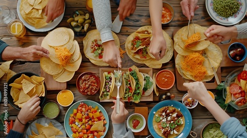 A group of friends hosting a DIY taco night  with an array of toppings and sauces laid out for everyone to customize their meal.