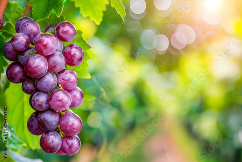 Red wine grapes on vine in summer vineyard on blurred vineyard background, close up with copy space.