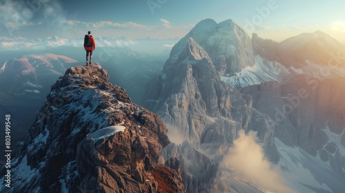 A lone explorer scaling a rugged mountain peak, with breathtaking vistas stretching out below. photo