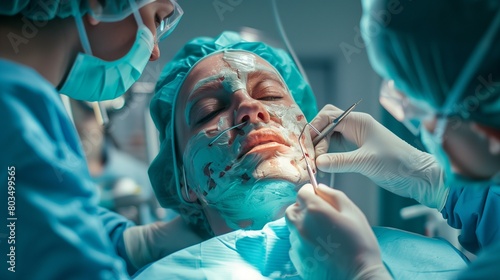 A maxillofacial surgeon performing a facial reconstruction, restoring appearance and function for patients with traumatic injuries or congenital anomalies. photo