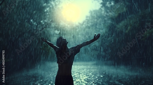 A person dancing in the rain  arms outstretched and face turned up to the sky with pure joy.