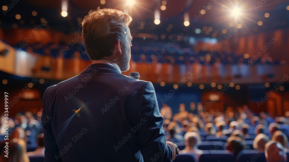 Influential Presentation: Environment Specialist Captivates Audience of Business Leaders with Gestures and Expertise Influential Presentation: Environment Specialist Captivates Audience of Business Leaders with Gestures and Expertise