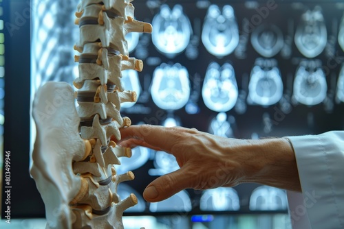 Doctor's hand pointing at a spinal model with MRI scans in the background.