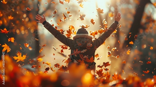 A person jumping into a pile of autumn leaves, arms outstretched and face glowing with pure joy. photo