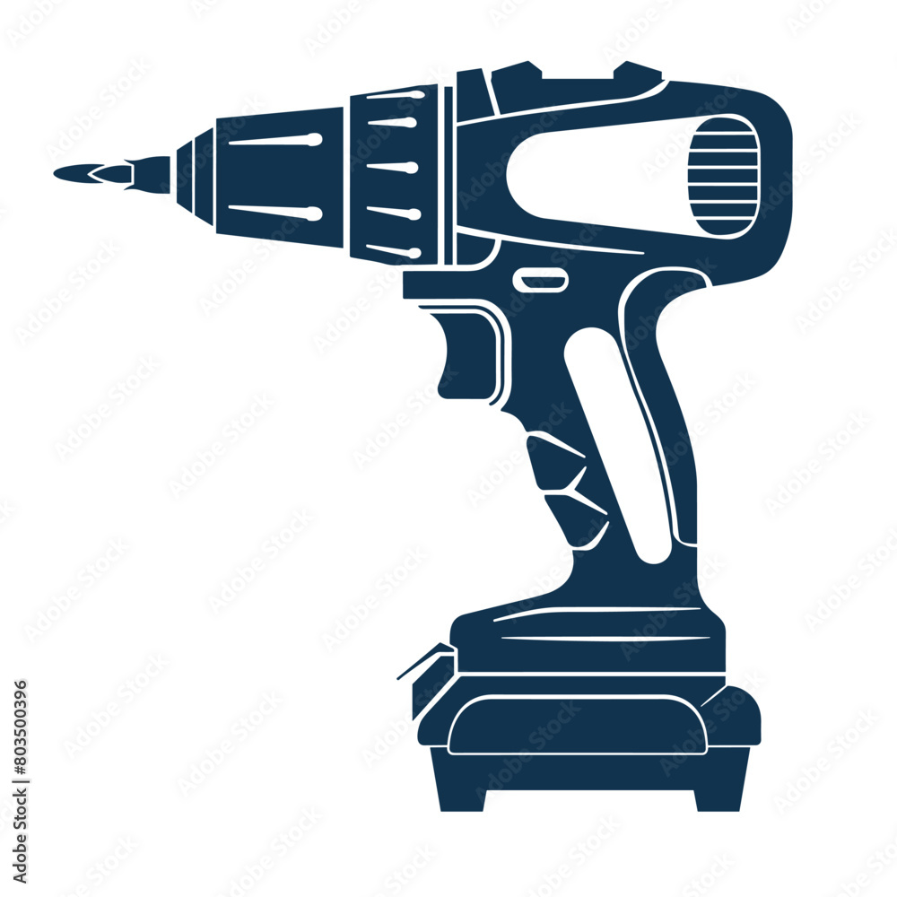 Silhouette of a power drill with a bit attached, displayed against a white background. Silhouette of a power drill with a bit attached, displayed against a white background.