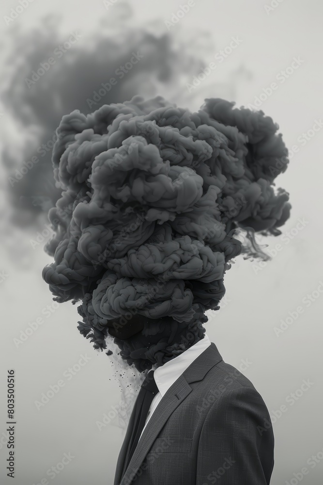 A man in a suit with black smoke as a head.  Mental disease, stress, psychology, negative emotions and loneliness concept. Mental health awareness concept.