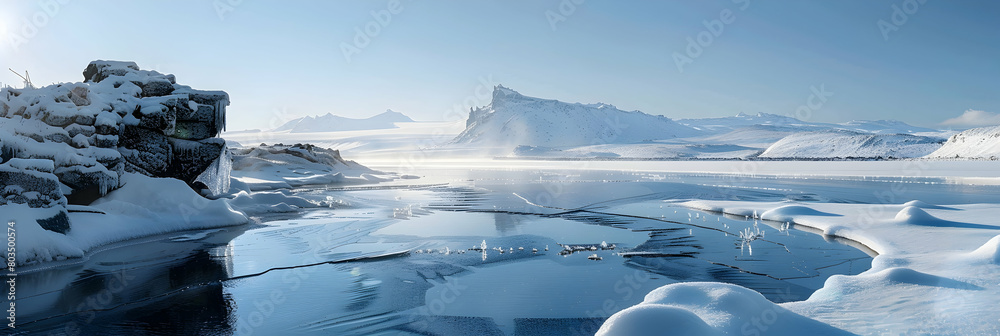 A snowy lagoon in a frozen landscape, ice formations along the water's edge, under a crisp, clear winter sky A snowy lagoon in a frozen landscape, ice formations along the water's edge, under a crisp, clear winter sky