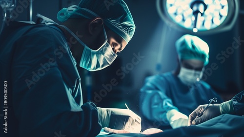 A surgeon performing a delicate operation, focused intently as they guide their skilled hands through intricate surgical procedures. photo
