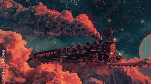 vintage steam train, smoke bellowing from the top, space background, simple risograph, joe webbvintage steam train, smoke bellowing from the top, space background, simple risograph, joe webb photo