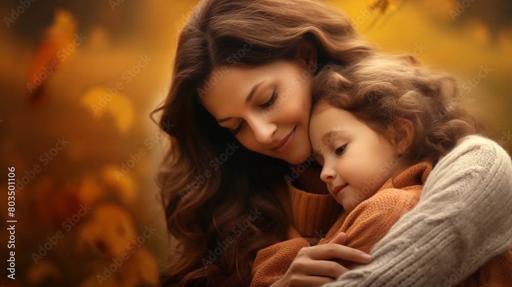 Heartfelt motherhood embrace against a gentle blurred autumn foliage background