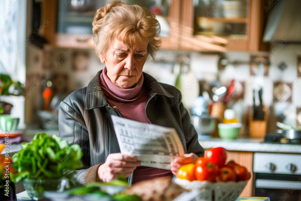 Senior mature woman holding paper bill trying to read it and figure out the problem,old lady managing account finance on vintage kitchen background. Senior mature woman holding paper bill trying to read it and figure out the problem,old lady managing account finance on vintage kitchen background.