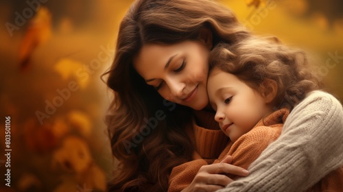 Heartfelt motherhood embrace against a gentle blurred autumn foliage background