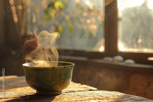 The steam gently wafting from a cup of bitter gourd tea, evoking a sense of tranquility. photo