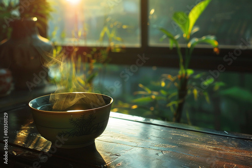 The soft natural light illuminating a cup of freshly brewed bitter gourd tea, creating a serene scene.