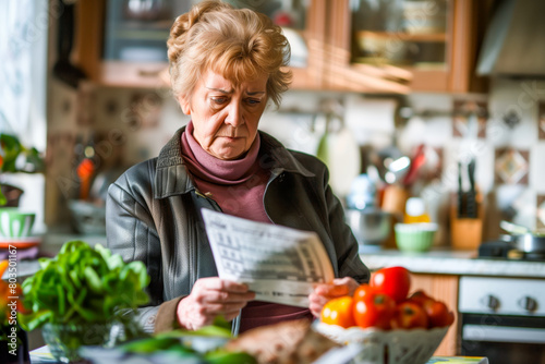 Senior mature woman holding paper bill trying to read it and figure out the problem old lady managing account finance on vintage kitchen background.