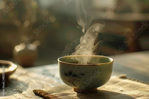 The steam gently wafting from a cup of bitter gourd tea, evoking a sense of tranquility.