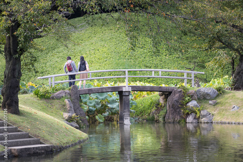 小石川後楽園、静寂の池にかかる橋の上で景色を見る人