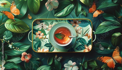 Design a captivating digital rendering featuring a whimsical birds-eye view of a tranquil garden scene, incorporating a refreshing glass of mint tea on a whimsically patterned tray, surrounded by bloo photo