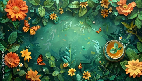 Design a captivating digital rendering featuring a whimsical birds-eye view of a tranquil garden scene, incorporating a refreshing glass of mint tea on a whimsically patterned tray, surrounded by bloo photo