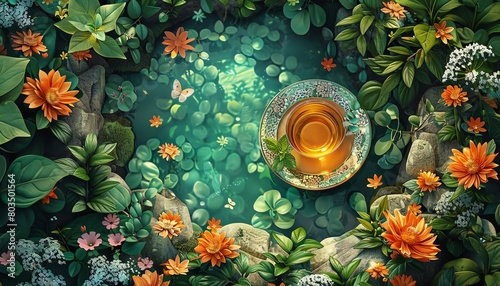 Design a captivating digital rendering featuring a whimsical birds-eye view of a tranquil garden scene, incorporating a refreshing glass of mint tea on a whimsically patterned tray, surrounded by bloo photo