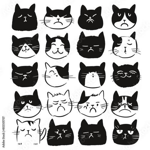 Black and white illustrations of various cat faces with different expressions.