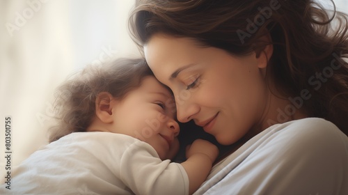 Happy closeup of mother and child sharing a special moment with a pristine, minimalist background