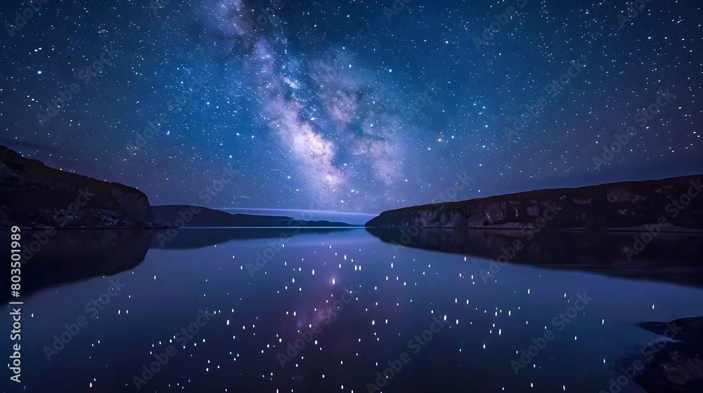 Naklejka premium A starry night sky above a secluded fjord, with the Milky Way visible and reflecting on the undisturbed water surface