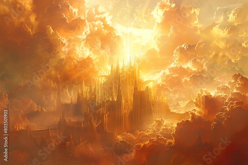 Illustrate a digital photorealistic image of a pristine celestial city in the clouds, with intricate details of angelic beings and a radiant ethereal glow