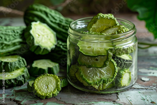 The vibrant green color and delicate texture of dried bitter gourd slices, displayed in a glass jar.