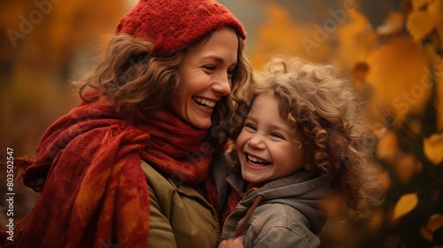 Closeup of joyful mother and child laughing together amidst autumn colors