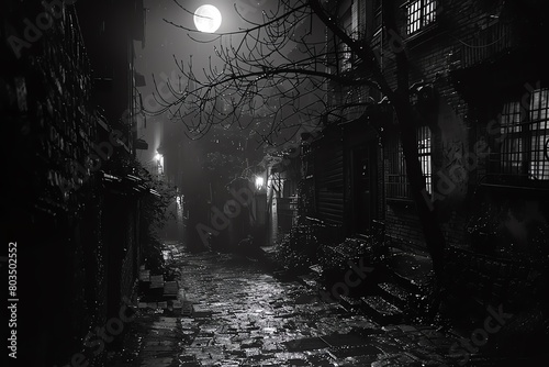 Scorpio in a dark alley, noir style, high contrast moonlight, mysterious atmosphere photo