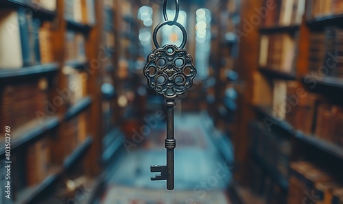 Skeleton key hanging from an old bookshelf, side light, dusty atmosphere, historic and nostalgic photo