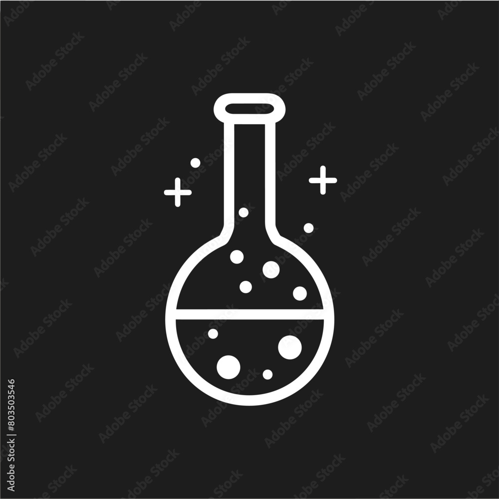 White laboratory flask icon with bubbles on a black background. White laboratory flask icon with bubbles on a black background.