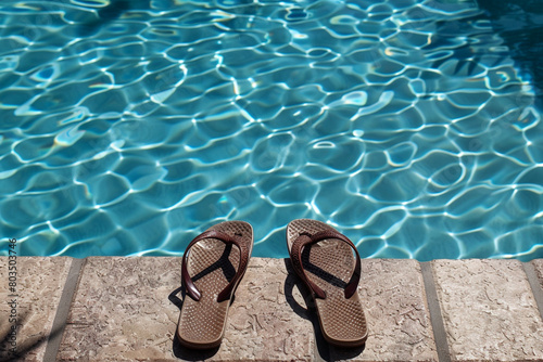 Two pairs of flip-flops left at the edge of a sparkling swimming pool.