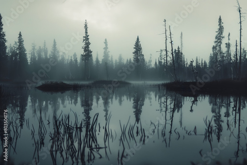 Water pond on a mire in a foggy woodland photo
