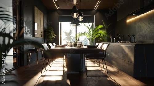 A clear and concise dining room, with an ammo lite texture, and a black light effect. photo