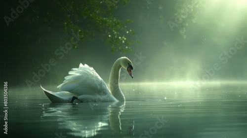 Shining white feathered swan sitting on a green lake.