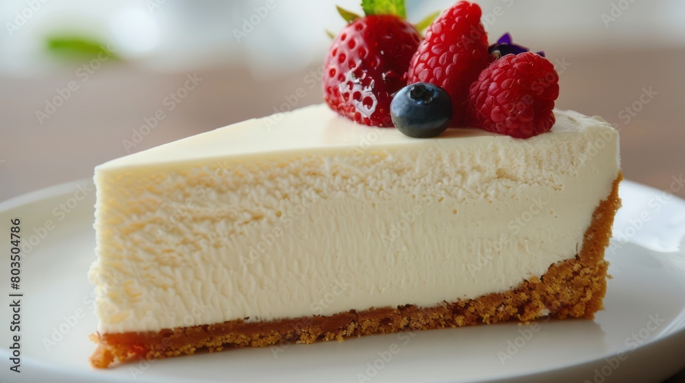 close up of a slice vanilla cheese cake moist with topping. close up of a slice vanilla cheese cake moist with topping.