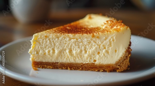 close up of a slice vanilla cheese cake moist with topping.