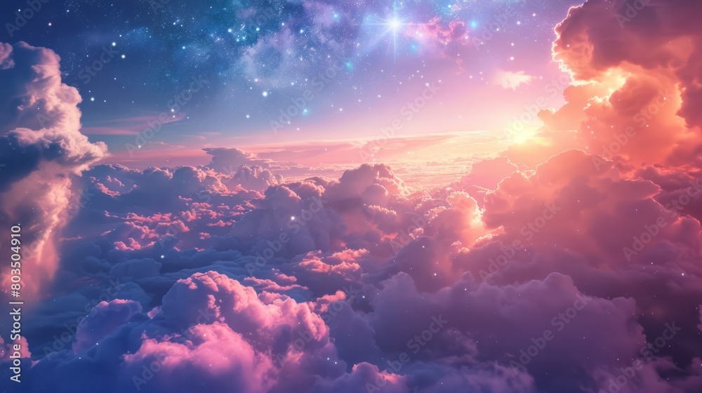 Fantastic starry sky fluffy clouds and a magical unicorn. Fantastic starry sky fluffy clouds and a magical unicorn.