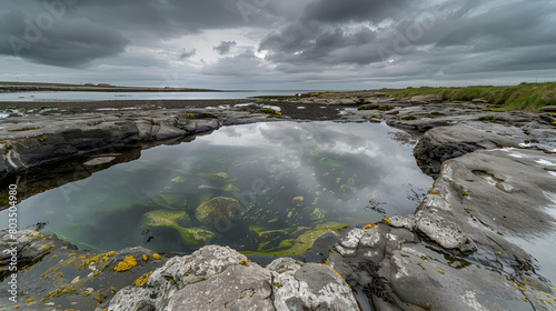 A tide pool captured during a cloudy day, with the overcast sky creating a moody atmosphere and enhancing the deep blues and greens of the water