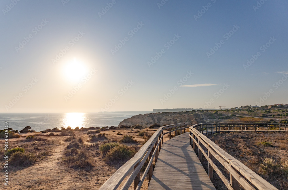 Boardwalk walkway in Lagos, Algarve, Portugal. October 10, 2023.