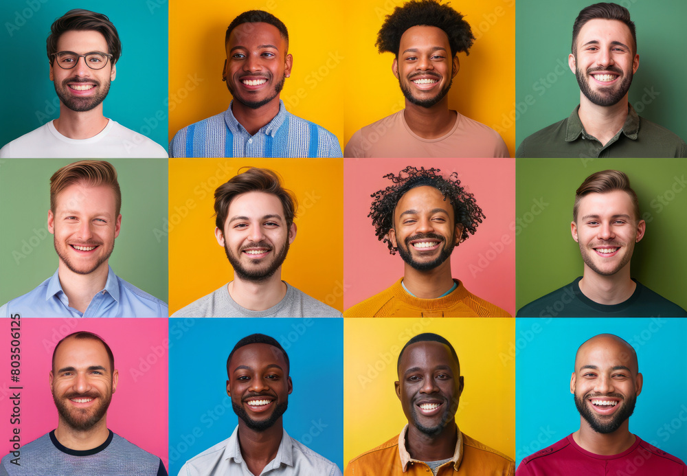 Diverse group of men posing for portraits. Multiple portraits with colored backgrounds Diverse group of men posing for portraits. Multiple portraits with colored backgrounds