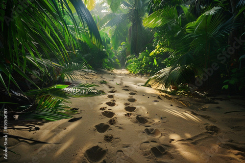 Two pairs of footprints on a sandy trail  disappearing into a dense tropical jungle.