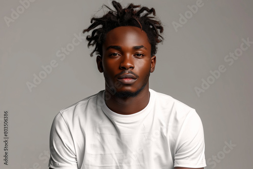 Black man with dreadlocks in white sweatshirt sitting against gray background with copy space