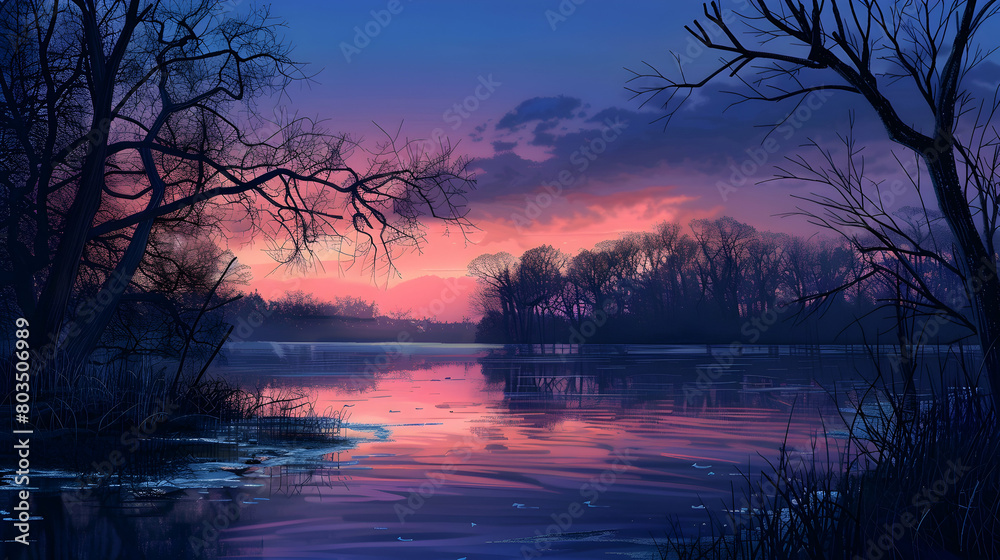 A twilight scene where the river reflects the pink and blue hues of the sky, with silhouettes of trees on the banks A twilight scene where the river reflects the pink and blue hues of the sky, with silhouettes of trees on the banks