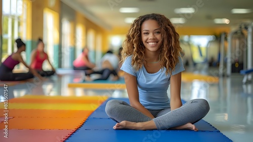 Vibrant Gym Scene: Women Stretching on Colorful Mats